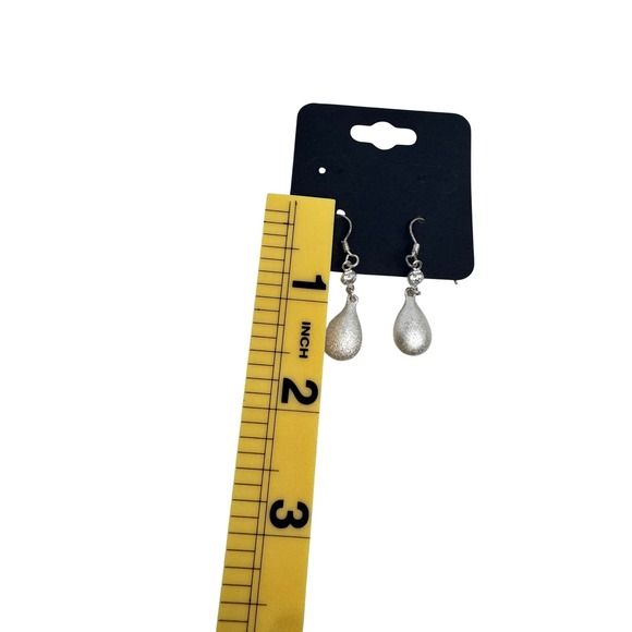 Silver Tone Frosted Textured Teardrop Dangle Earrings with Rhinestone Y2K Retro - Picture 4 of 5